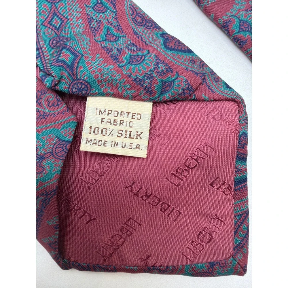 Liberty of London Mens Silk Paisley Tie Burgundy Teal Made in USA 58 Inch